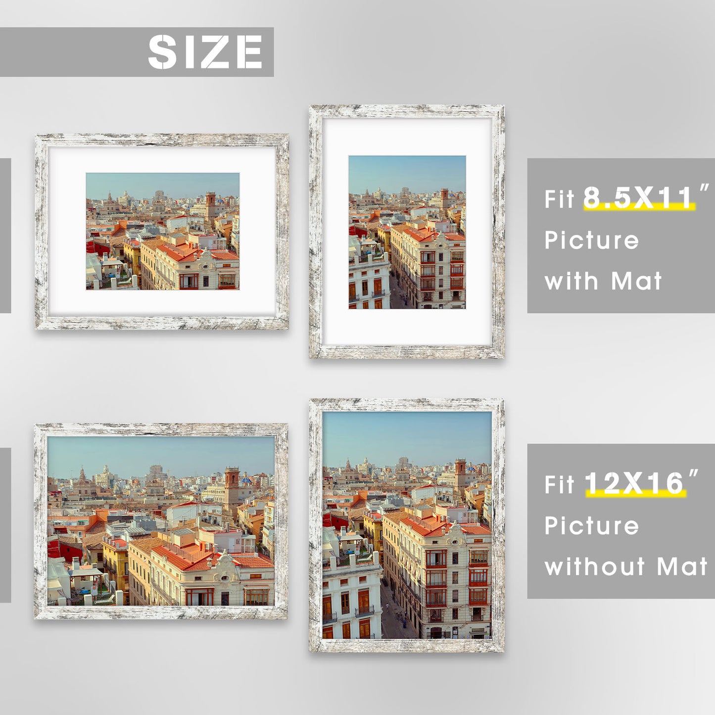 12x16 Distressed White Picture Frame for 8.5x11 Photo (8 Pack)