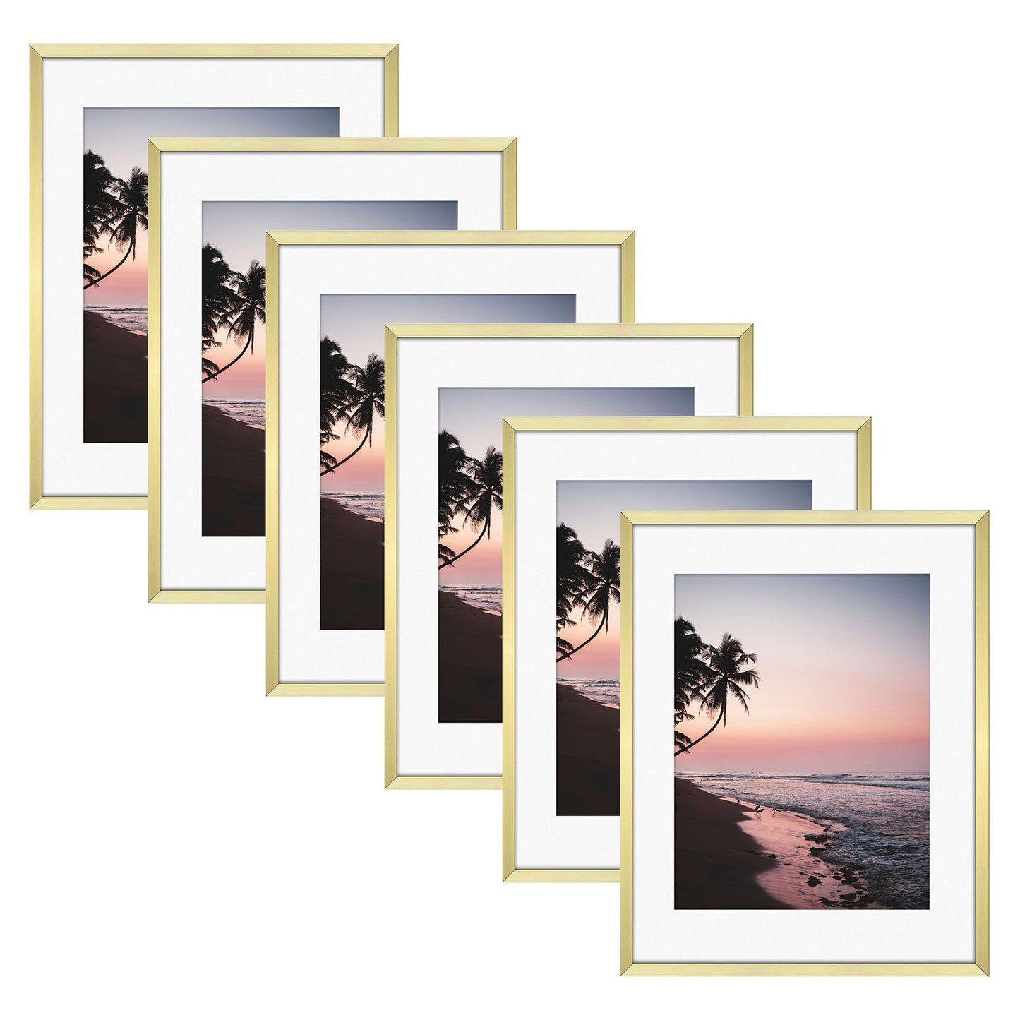 Frametory, 11x14 Gold Aluminum Frame with White Mat and Real Glass (6 Pack)