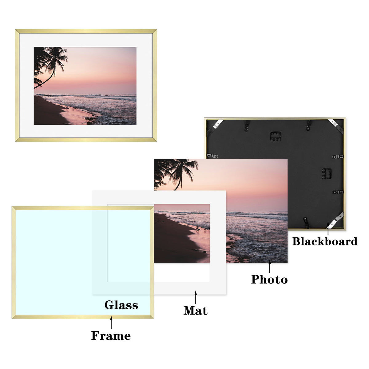Frametory, 11x14 Gold Aluminum Frame with White Mat and Real Glass (6 Pack)
