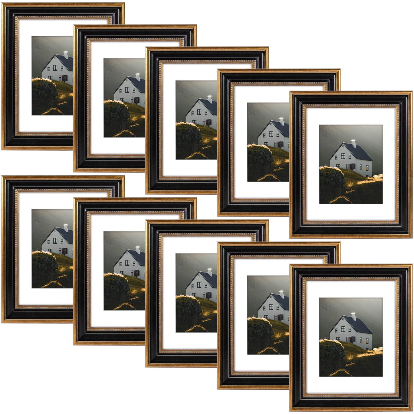 Frametory,11x14 Photo Frame with White Mat for 8x10 Picture Ornate Gold/Black (10 Pack)