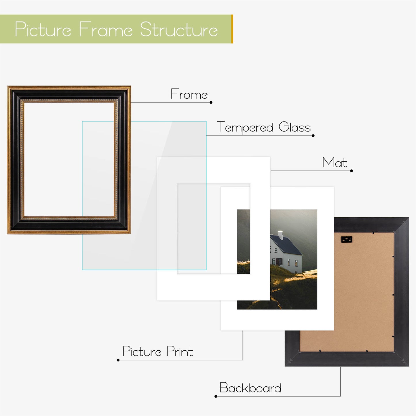 Frametory,11x14 Photo Frame with White Mat for 8x10 Picture Ornate Gold/Black (10 Pack)