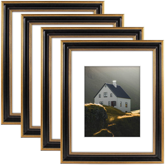 Frametory,16x20 Photo Frame with White Mat for 11x14 Picture Ornate Gold/Black (4 Pack)