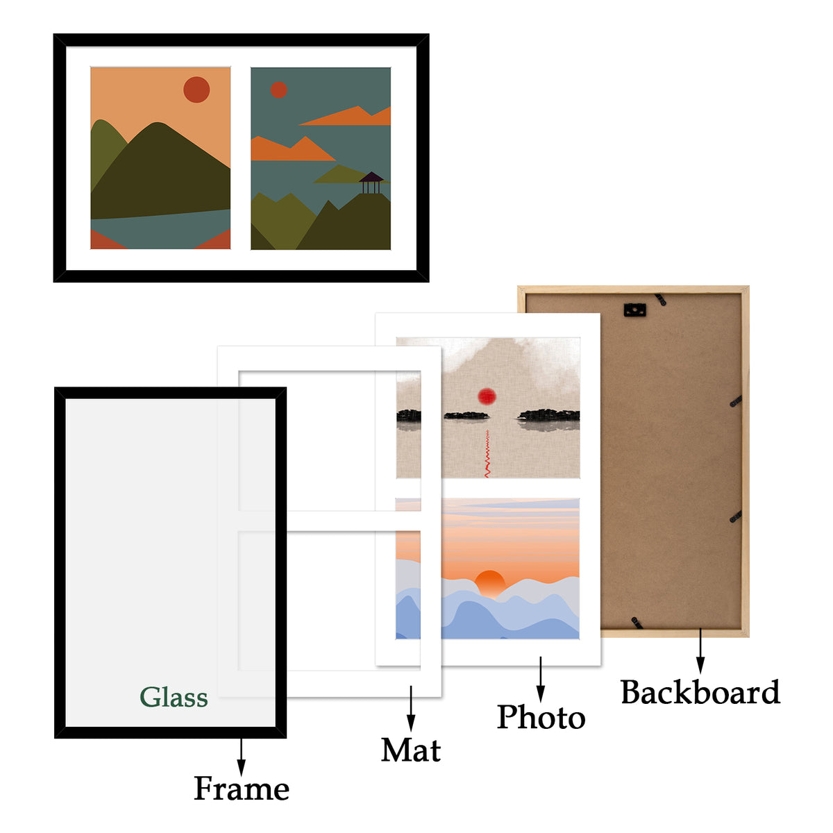 Frametory, 12x19 Wood Picture Frame For Two 8x10 Photo Black (8 Pack)