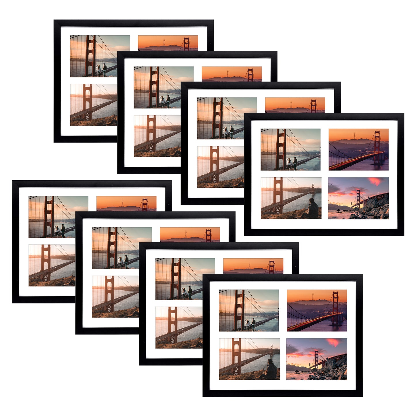 Frametory, 12x16 Collage Picture Frame Displays Four 5x7 Photos Black (8 Pack)