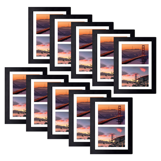 Frametory, 8.5x11 Wood Picture Frame for Two 5x7 Photos Black (10 Pack)