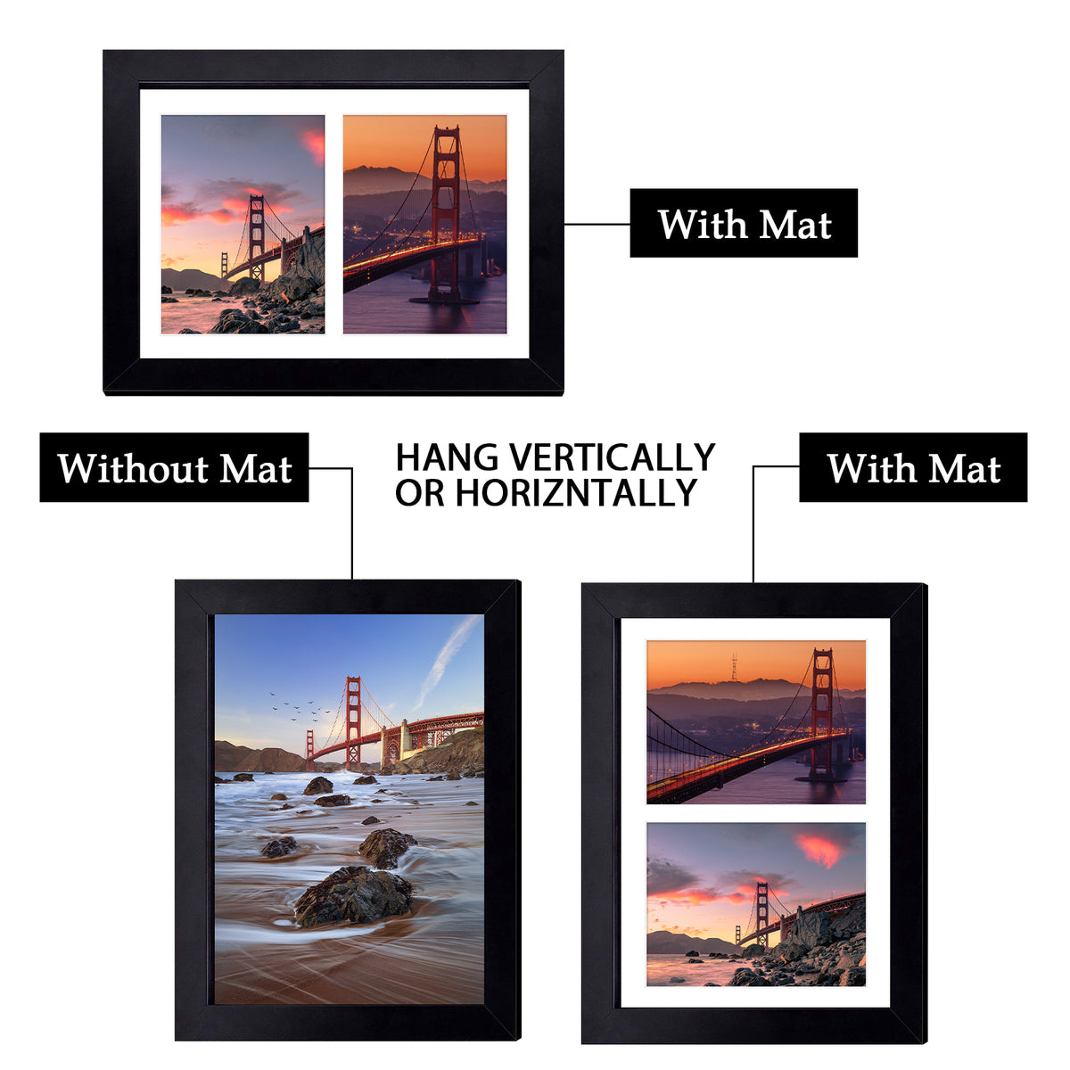 Frametory, 8.5x11 Wood Picture Frame for Two 5x7 Photos Black (10 Pack)