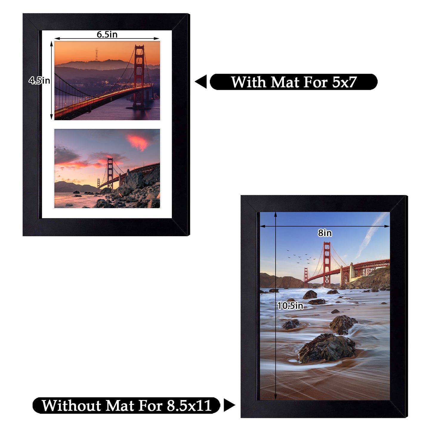 Frametory, 8.5x11 Wood Picture Frame for Two 5x7 Photos Black (10 Pack)