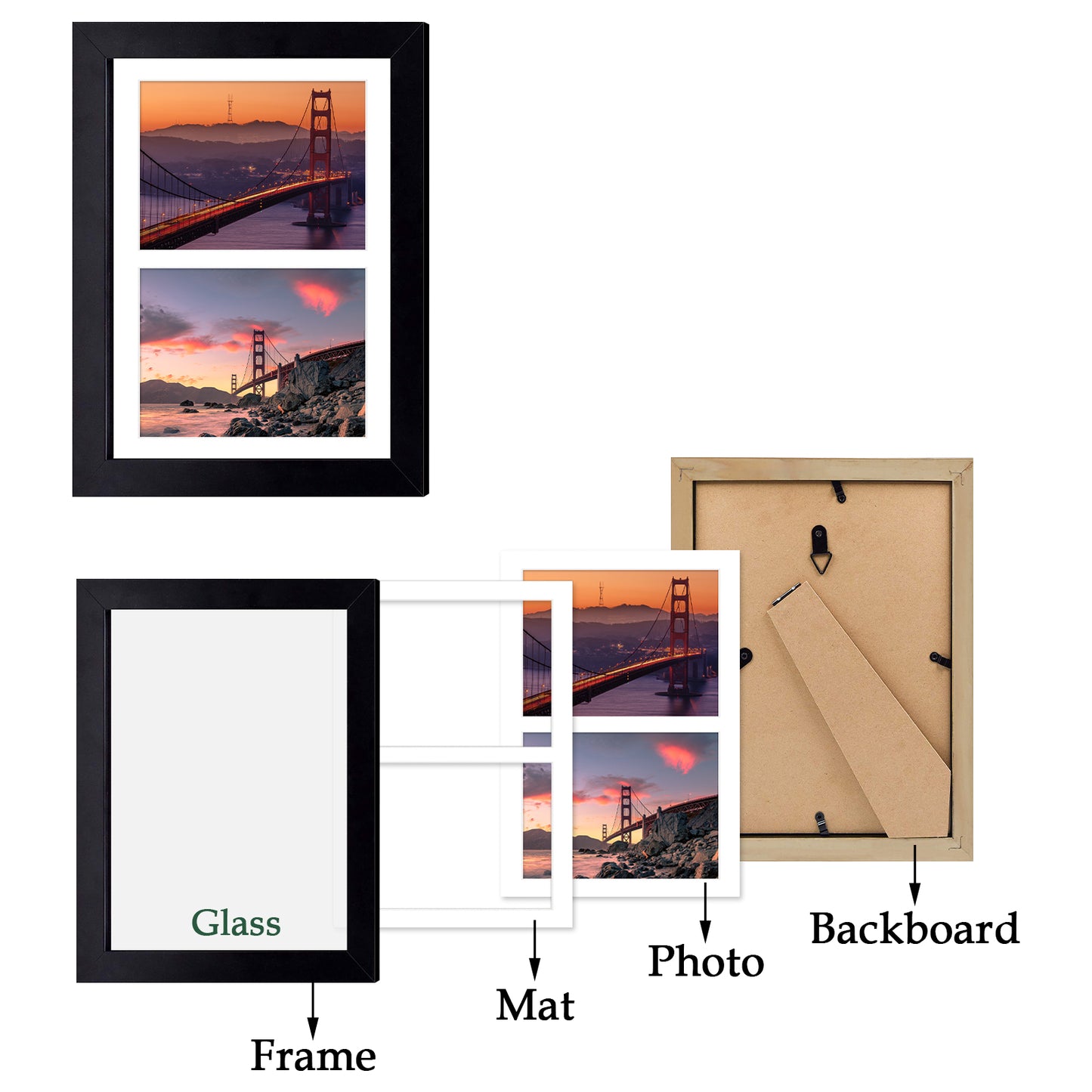 Frametory, 8.5x11 Wood Picture Frame for Two 5x7 Photos Black (10 Pack)