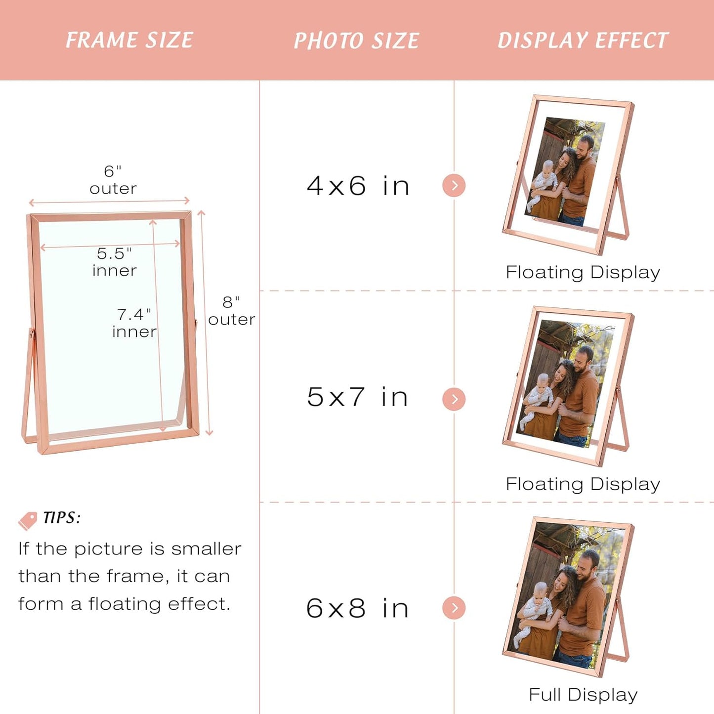 Clearance, 6x8 Floating Frame Displays Any Size Picture up to 6 by 8 Rose Gold (24 Pack)