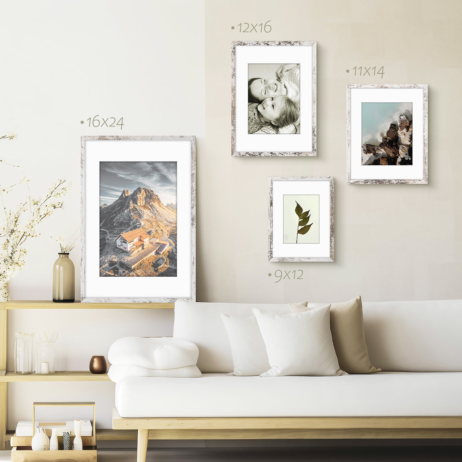 9x12 Picture Frames for 6x8 Photos with White Mat and Plexiglass